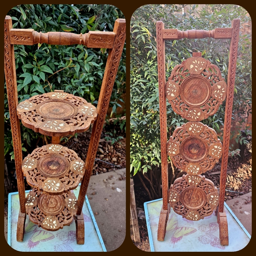 Vintage Hand Carved Wood Inlaid Plate/Cake Shelf Stand From India